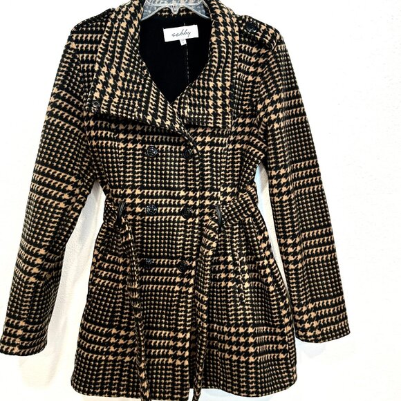 Sebby Houndstooth Large Pea Coat Jacket Black Brown Belted Pockets EUC Button Up - Picture 6 of 9